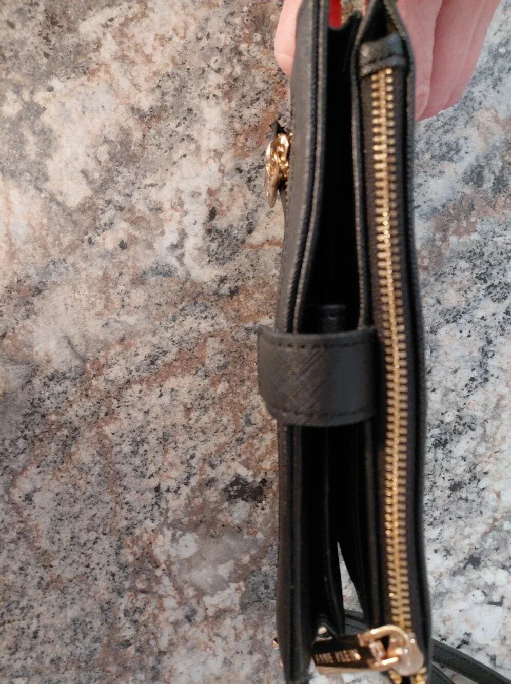 Anne Klein Black Faux Leather Zip Wallet Wristlet with Gold Logo